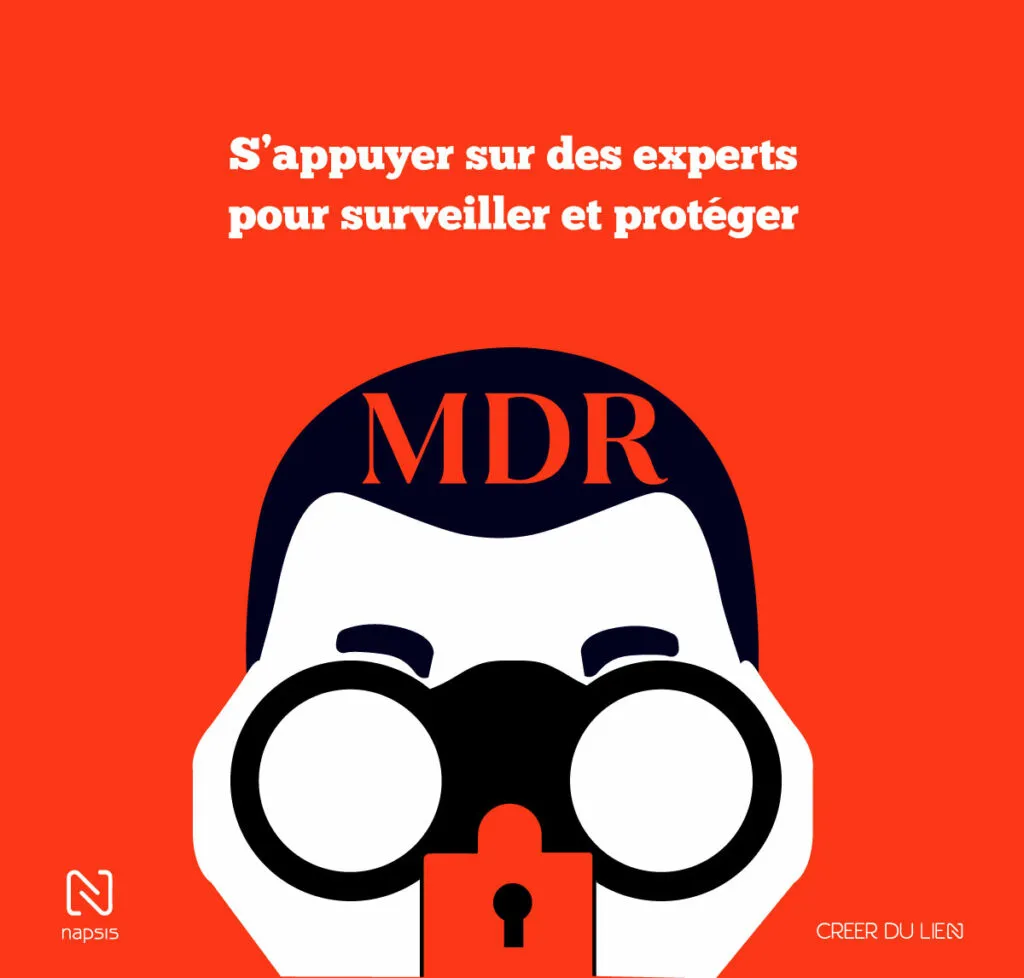 Illustration graphique mettant en avant le concept de MDR (Managed Detection and Response) avec une figure stylisée observant à travers des jumelles, symbolisant la surveillance continue pour protéger les entreprises.