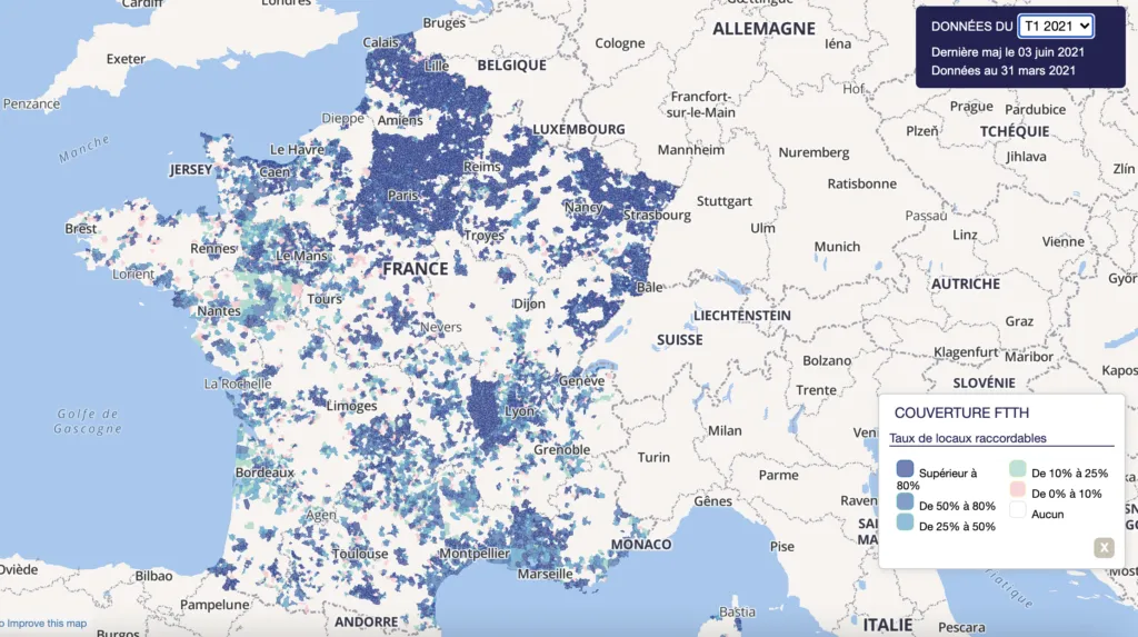 Carte de fermeture du réseau cuivre et de fin de l'ADSL par lot de communes en France, calendrier 2025 à 2030