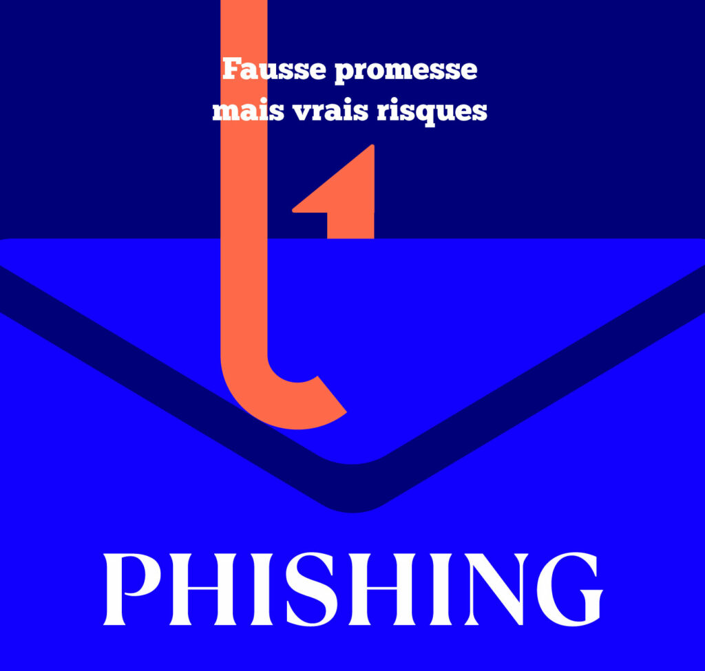Illustration d'une enveloppe bleue et d'un hameçon orange mettant en scène une attaque de phishing ciblant la messagerie professionnelle.