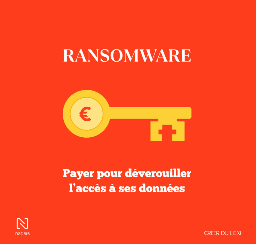 Illustration d'un ransomware (rançongiciel) : une clé en forme de pièce évoquant la rançon demandée pour déverrouiller les données